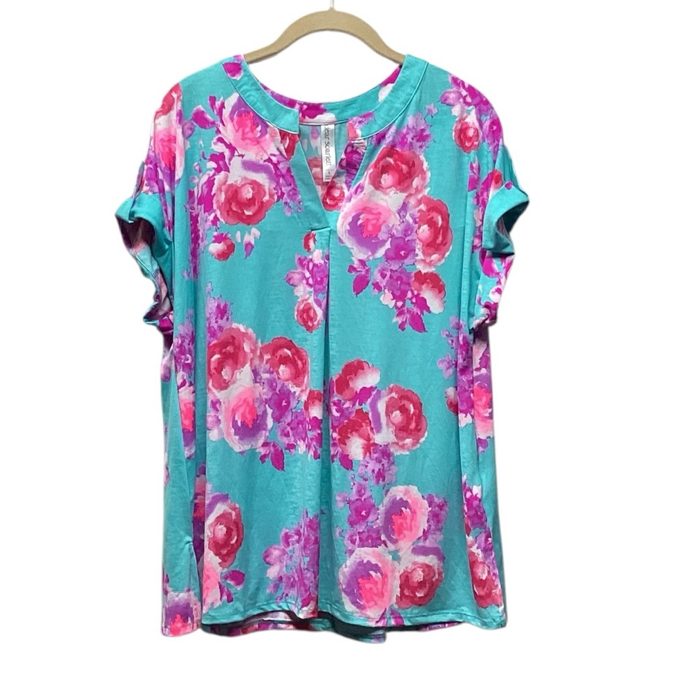 Dear Scarlett short sleeve vneck tunic in vibrant aqua floral pattern Size Large